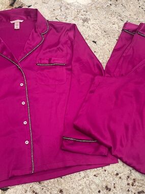 Victoria's Secret Purple Fuschia Satin Pajama Set Sparkle Angels Festive Large